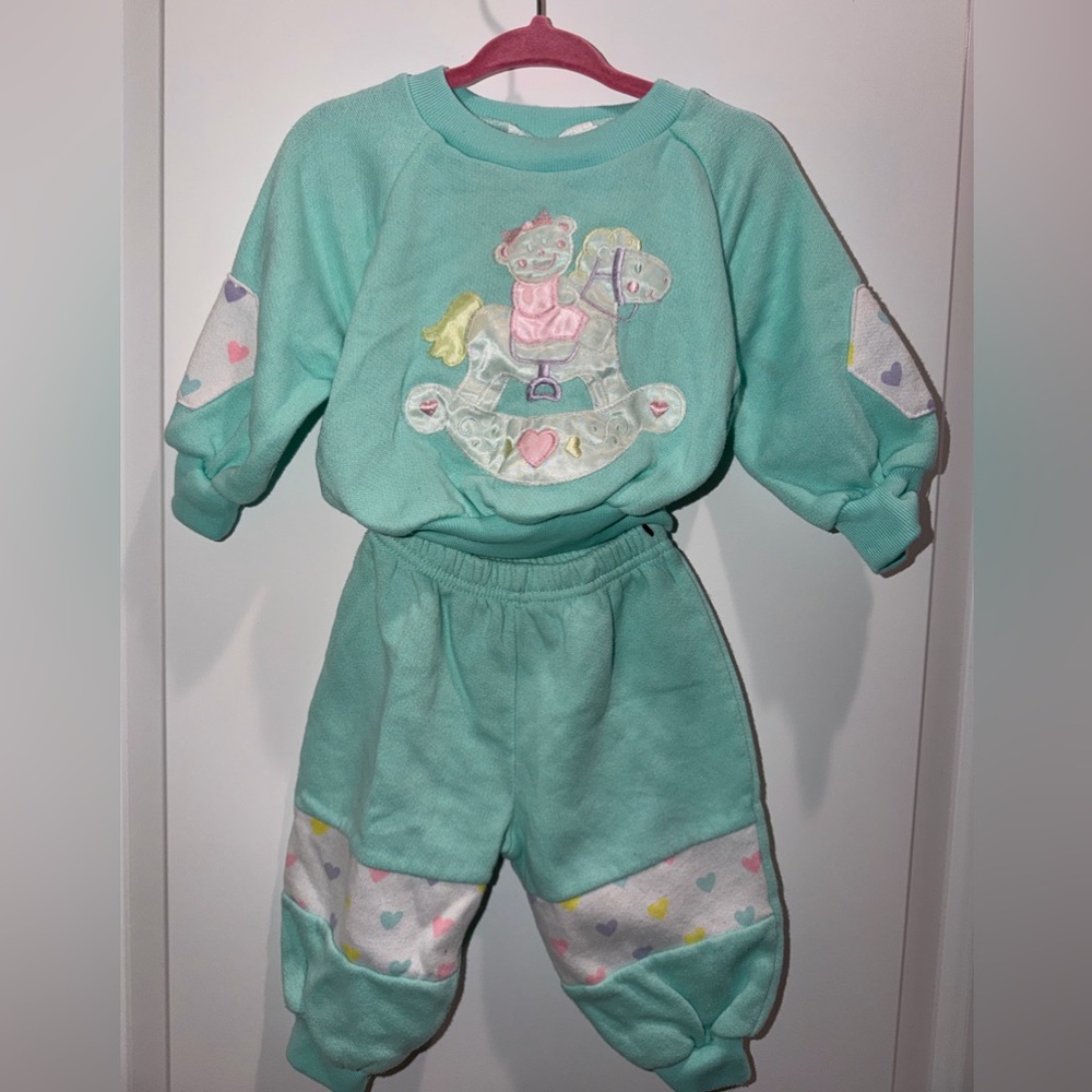 Vintage 80s/90s Broadway Kids 2-Piece Sweat Suit - Mint Green Rocking Horse